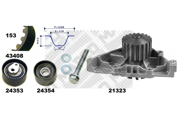 Pompe à eau + kit de courroie crantée MAPCO 41408