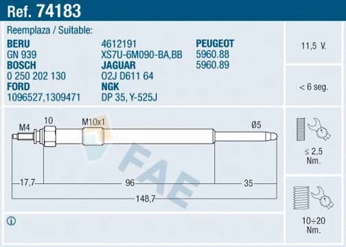 Bougie de préchauffage FAE 74183