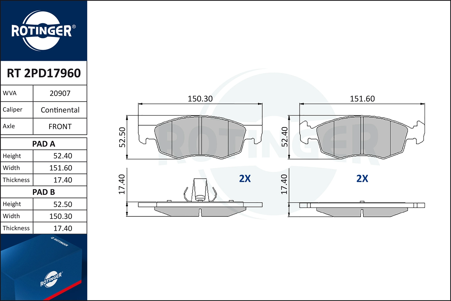 Kit de plaquettes de frein, frein à disque ROTINGER RT 2PD17960