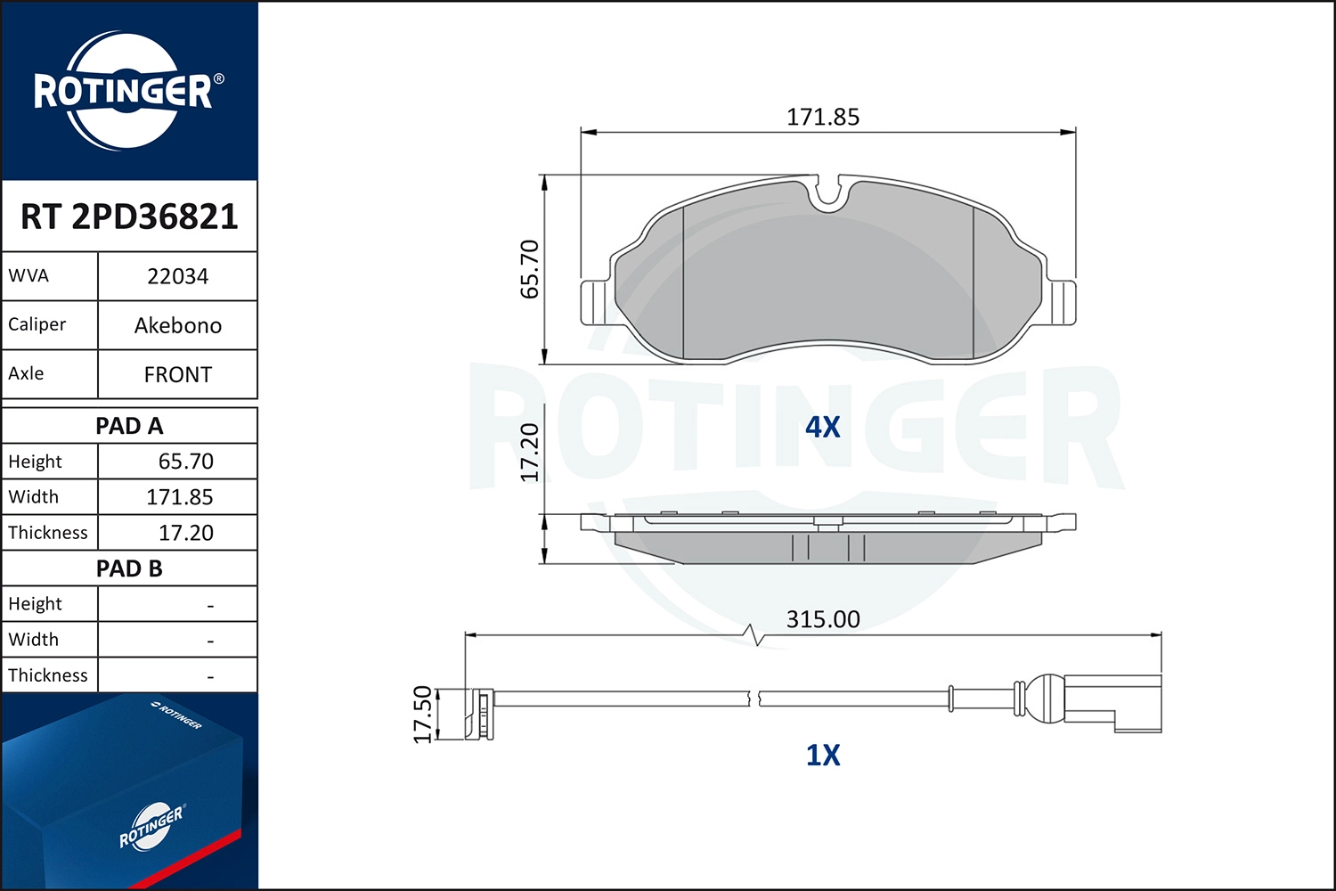 Kit de plaquettes de frein, frein à disque ROTINGER RT 2PD36821
