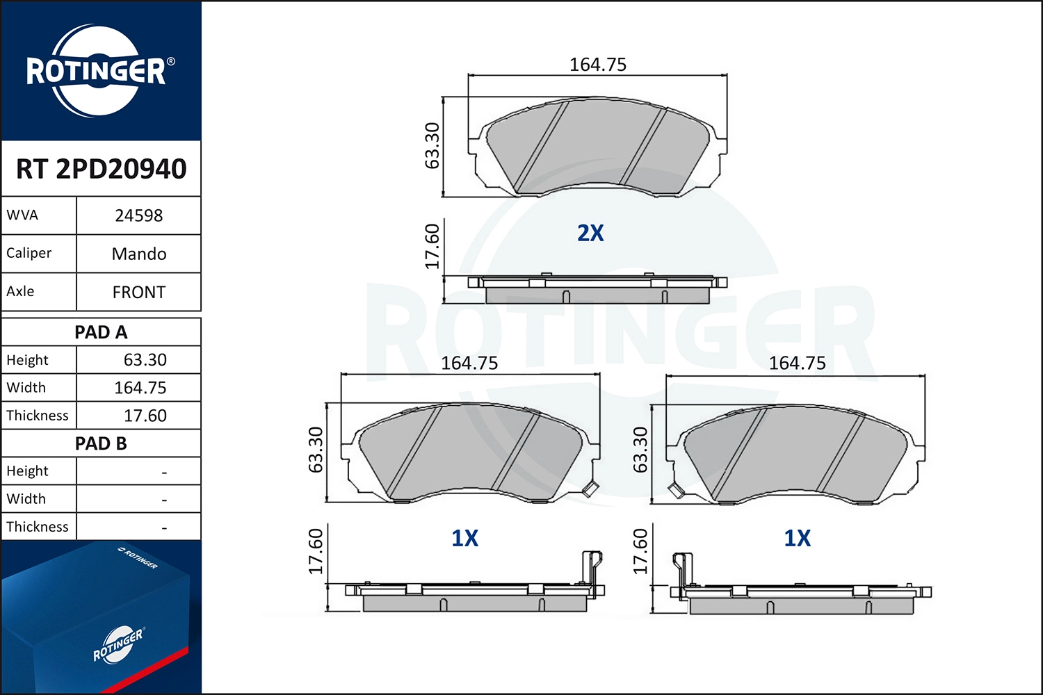 Kit de plaquettes de frein, frein à disque ROTINGER RT 2PD20940