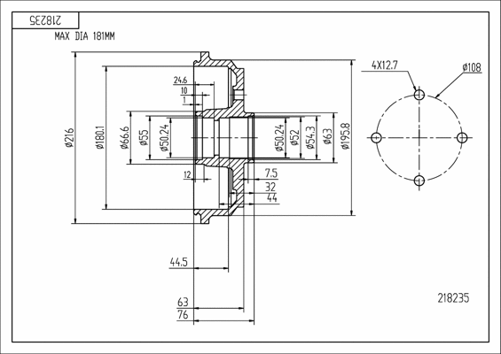 Tambour de frein HART 218 235