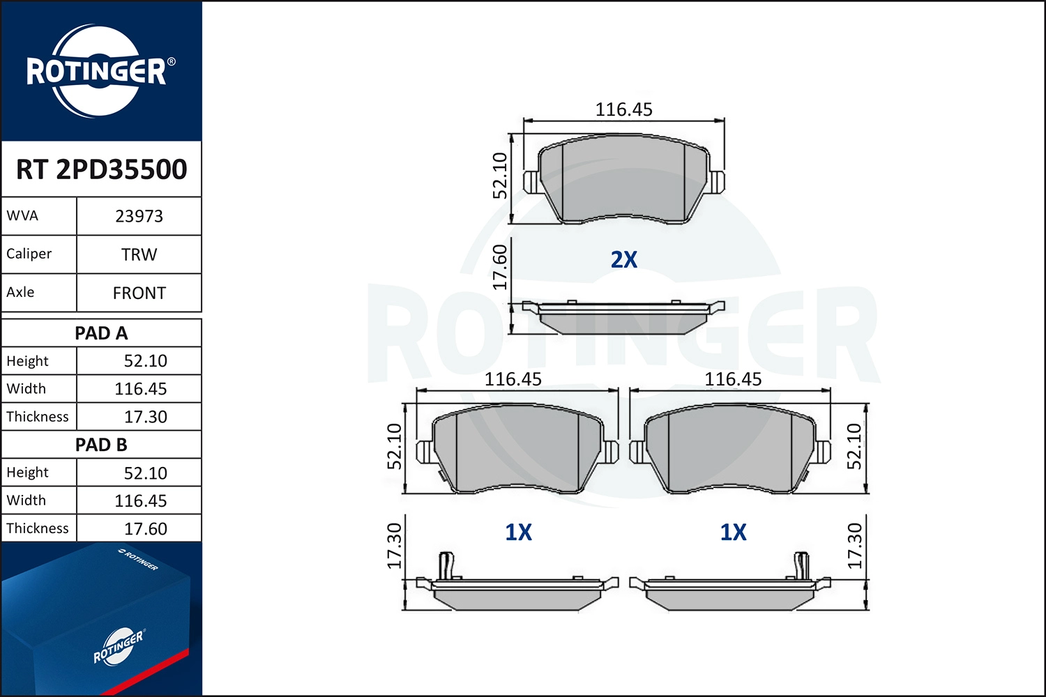 Kit de plaquettes de frein, frein à disque ROTINGER RT 2PD35500