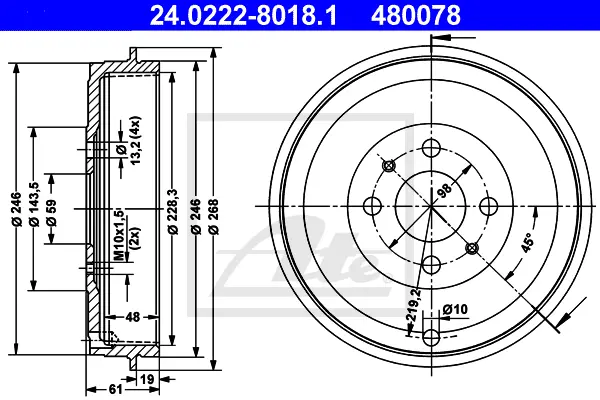 Tambour de frein ATE-APAC 24.0222-8018.1