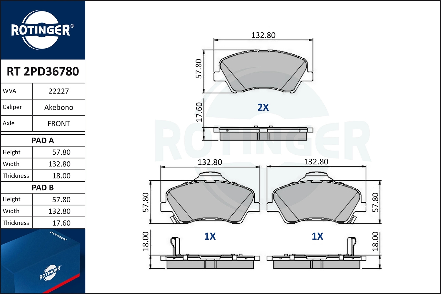 Kit de plaquettes de frein, frein à disque ROTINGER RT 2PD36780