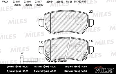 Kit de plaquettes de frein, frein à disque MILES E110057