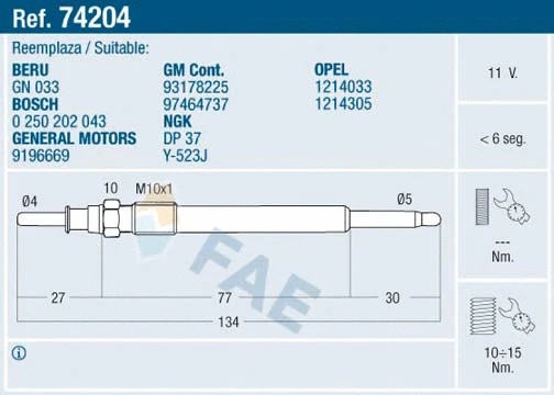 Bougie de préchauffage FAE 74204