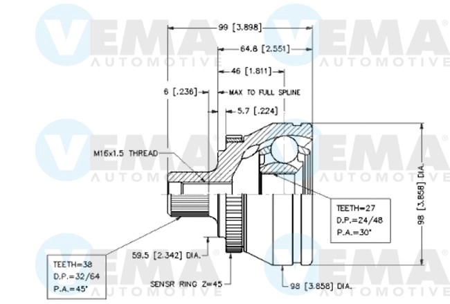 Jeu de joints, arbre de transmission VEMA 18550