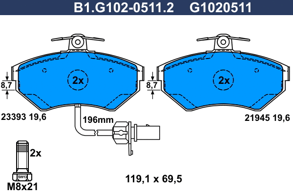 Kit de plaquettes de frein, frein à disque GALFER B1.G102-0511.2