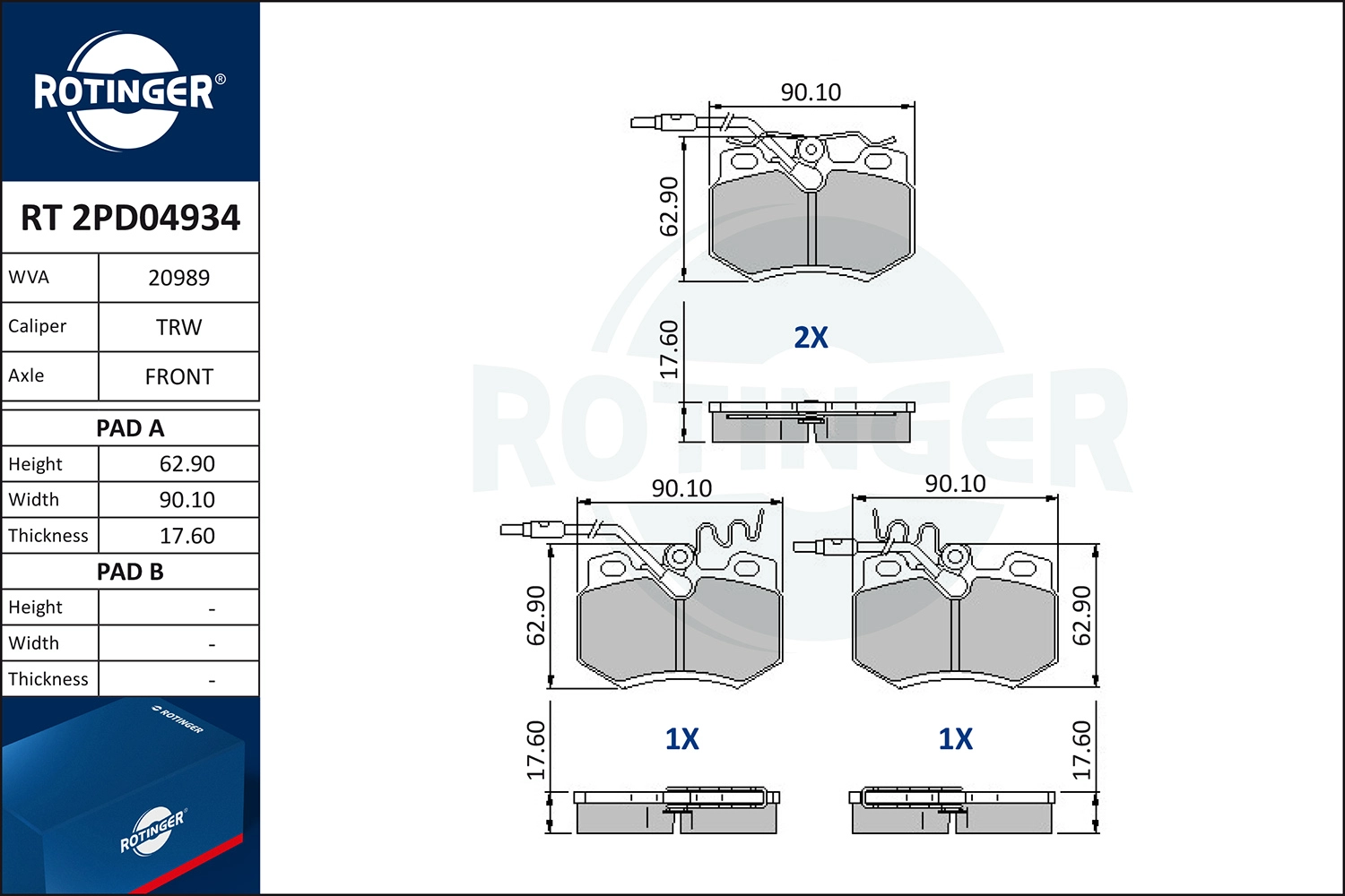 Kit de plaquettes de frein, frein à disque ROTINGER RT 2PD04934