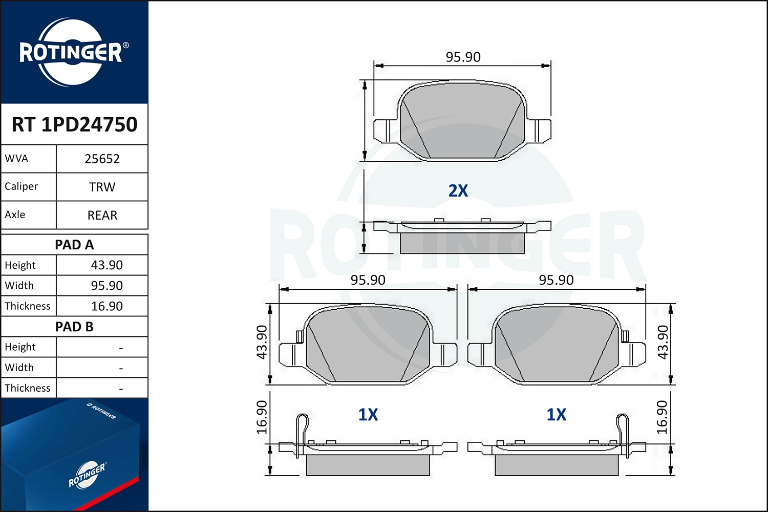 Kit de plaquettes de frein, frein à disque ROTINGER RT 1PD24750