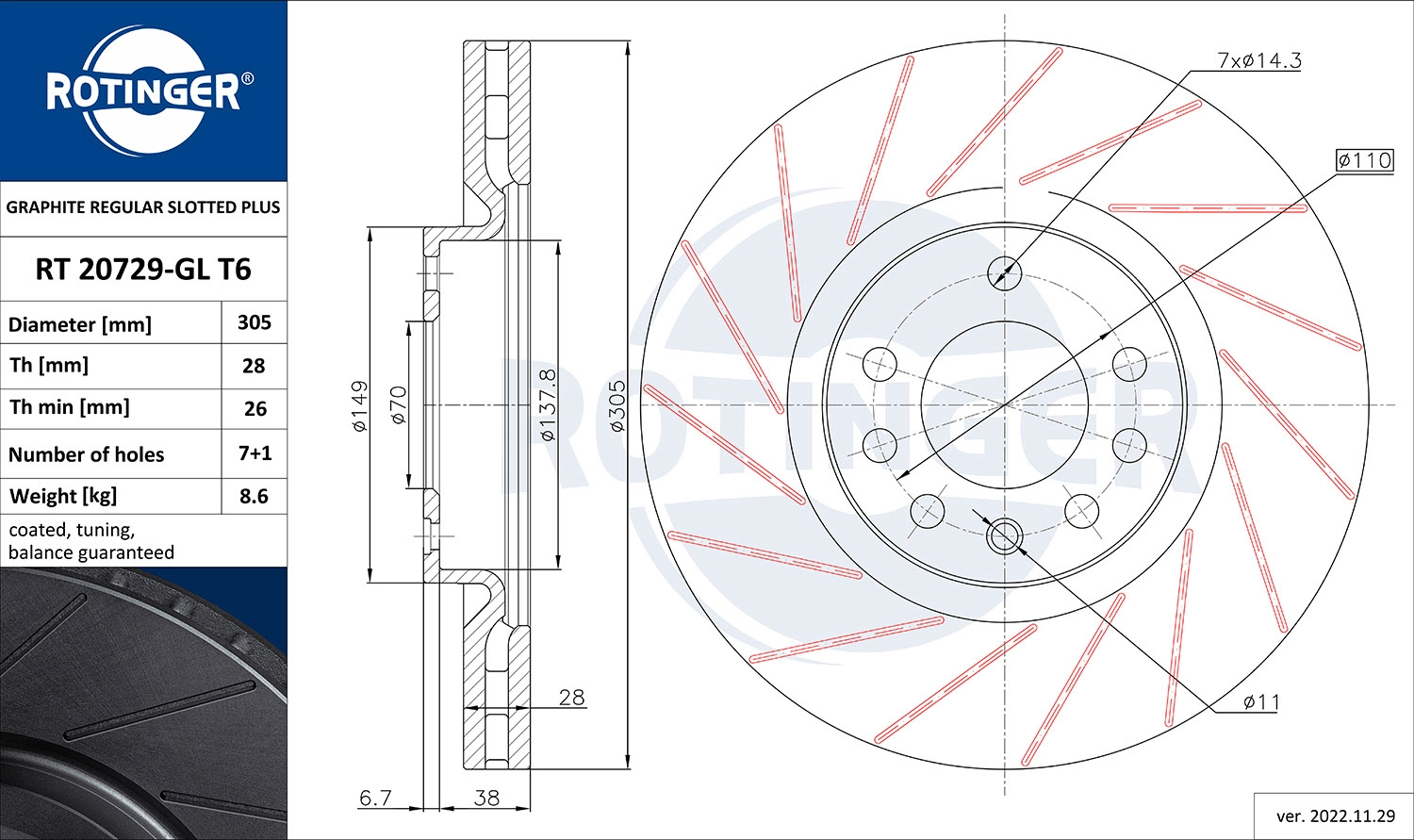Disque de frein ROTINGER RT 20729-GL T6