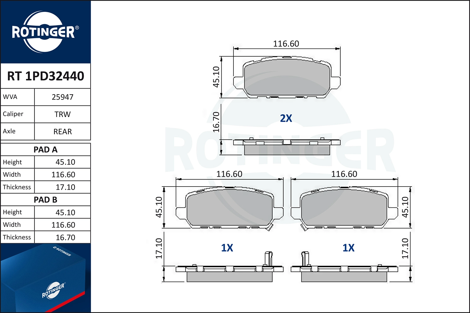 Kit de plaquettes de frein, frein à disque ROTINGER RT 1PD32440