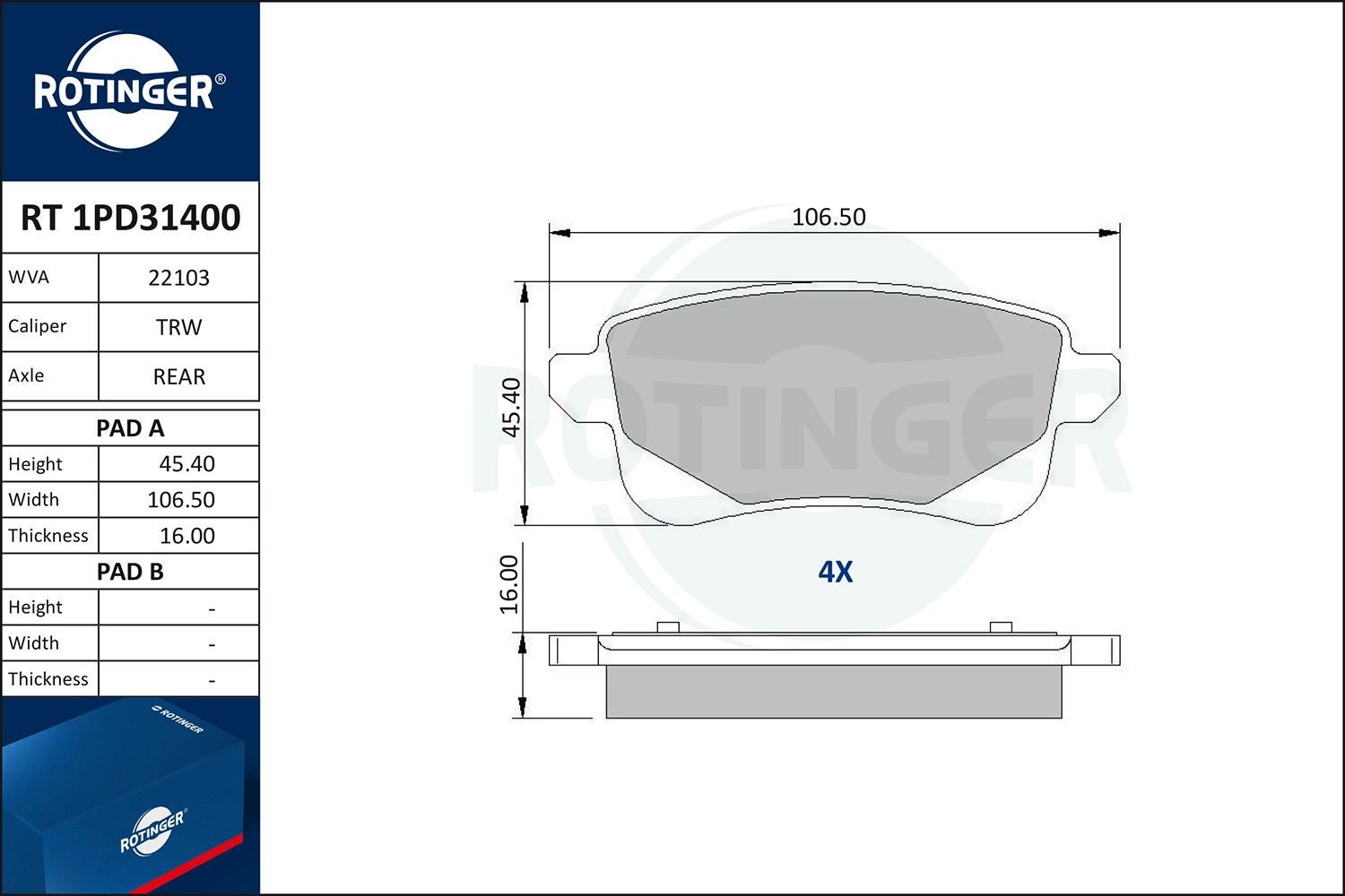 Kit de plaquettes de frein, frein à disque ROTINGER RT 1PD31400