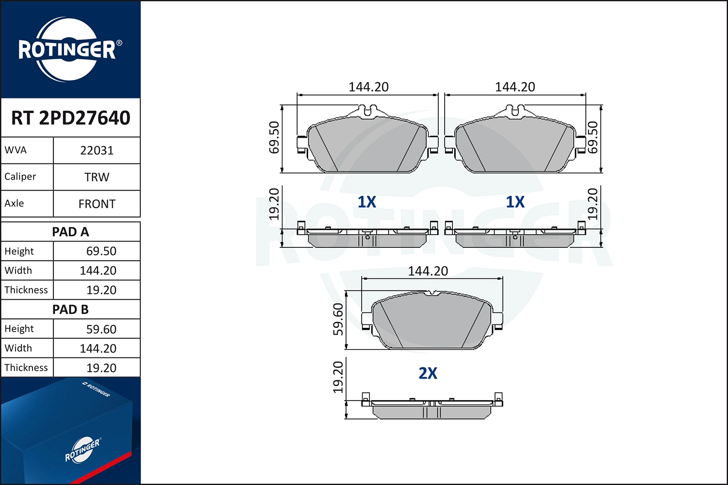 Kit de plaquettes de frein, frein à disque ROTINGER RT 2PD27640