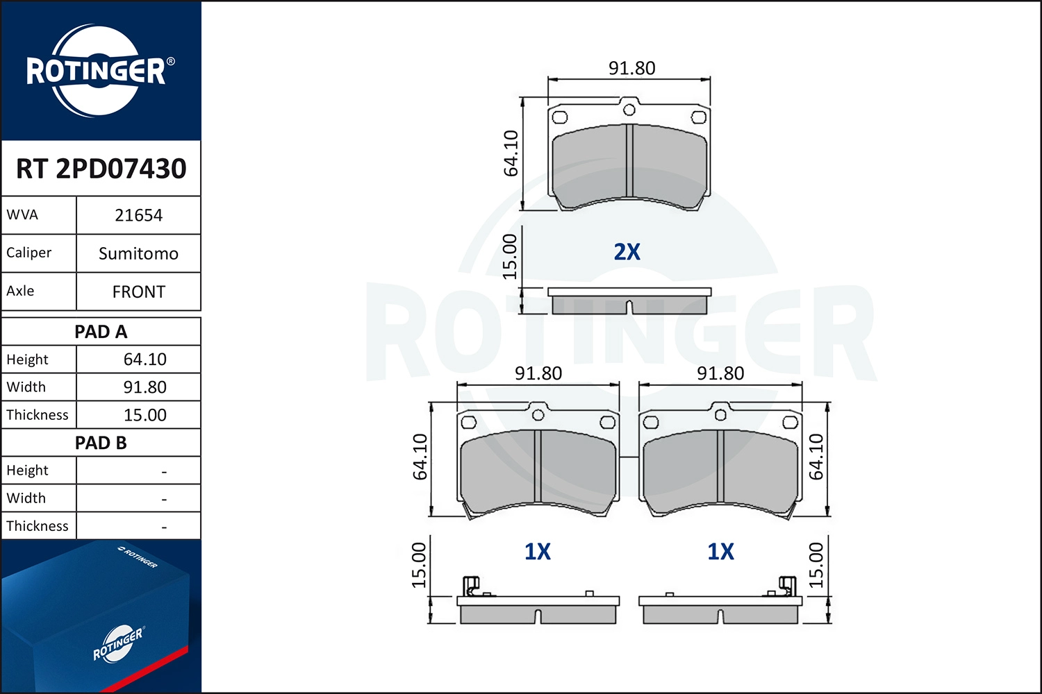 Kit de plaquettes de frein, frein à disque ROTINGER RT 2PD07430