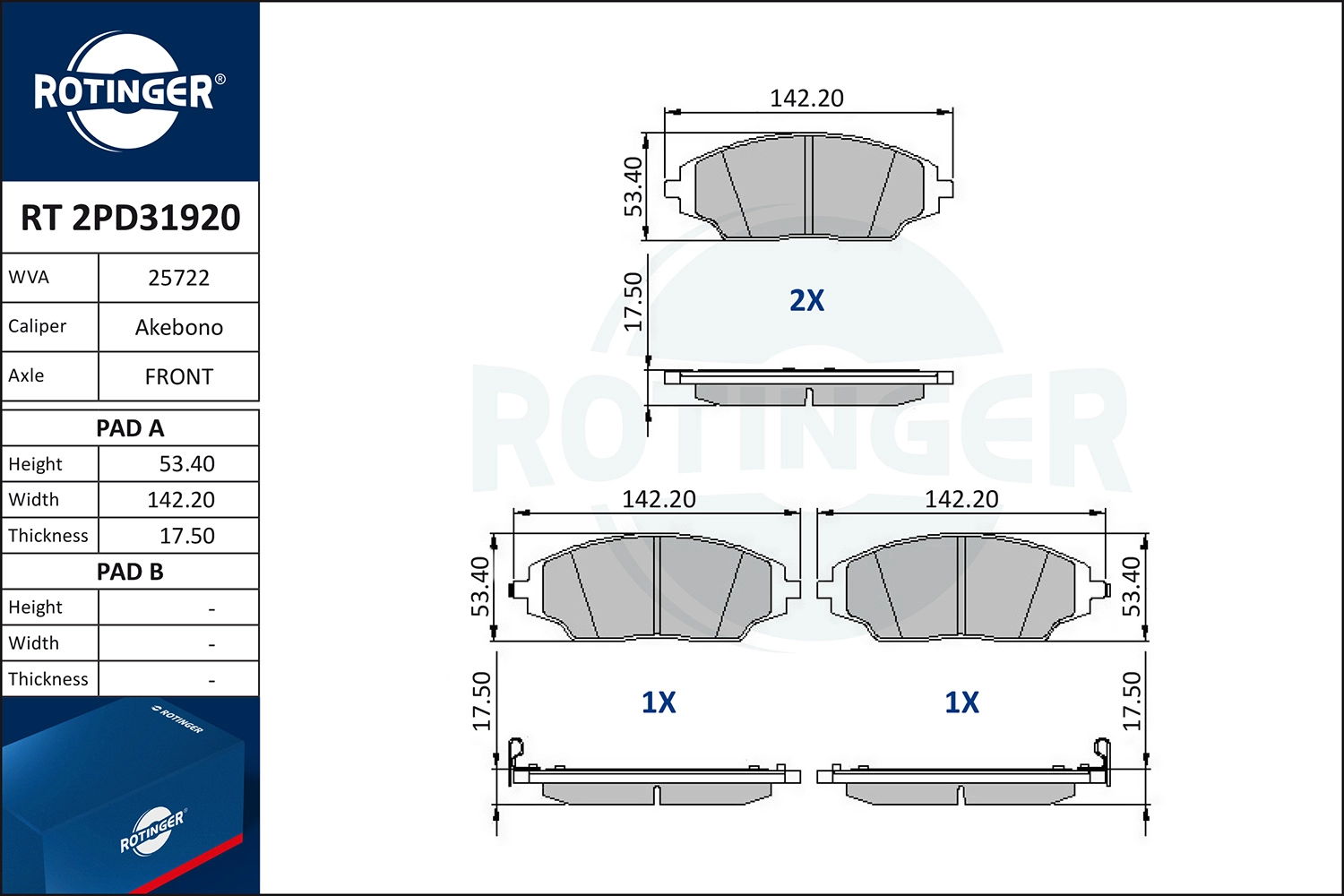 Kit de plaquettes de frein, frein à disque ROTINGER RT 2PD31920