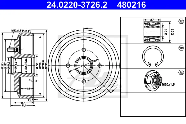 Tambour de frein ATE-APAC 24.0220-3726.2
