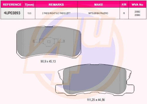 Kit de plaquettes de frein, frein à disque 4u 4UP03893