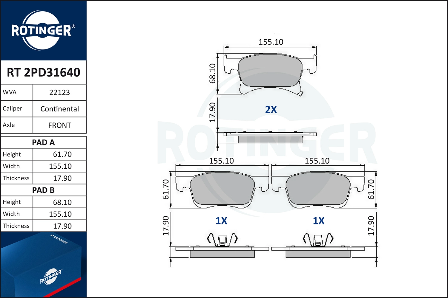 Kit de plaquettes de frein, frein à disque ROTINGER RT 2PD31640