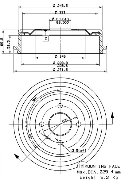 Tambour de frein VILLAR 627.0198
