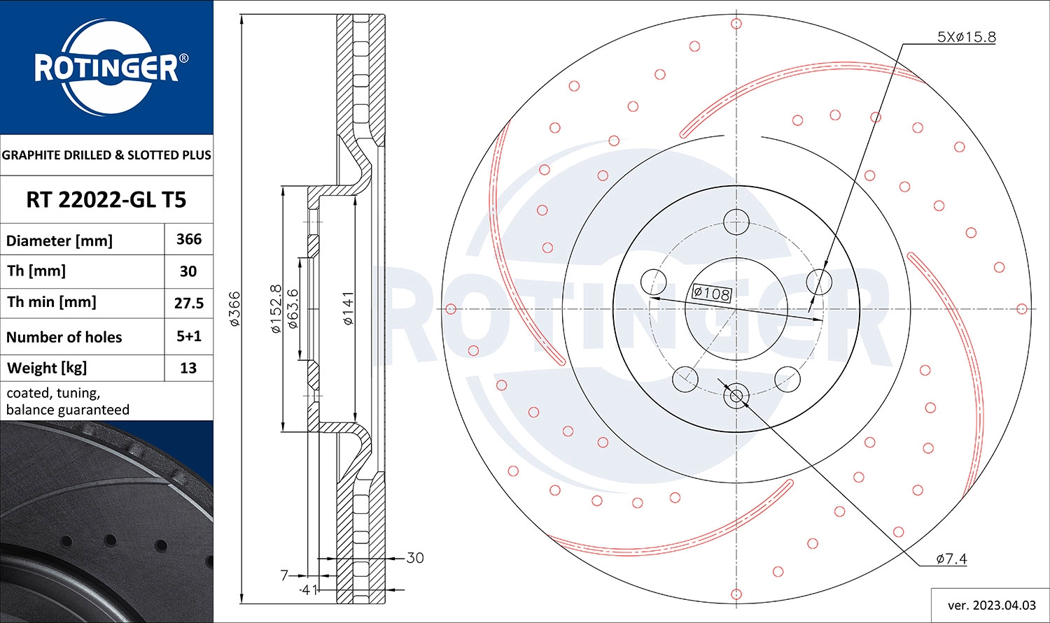 Disque de frein ROTINGER RT 22022-GL T5