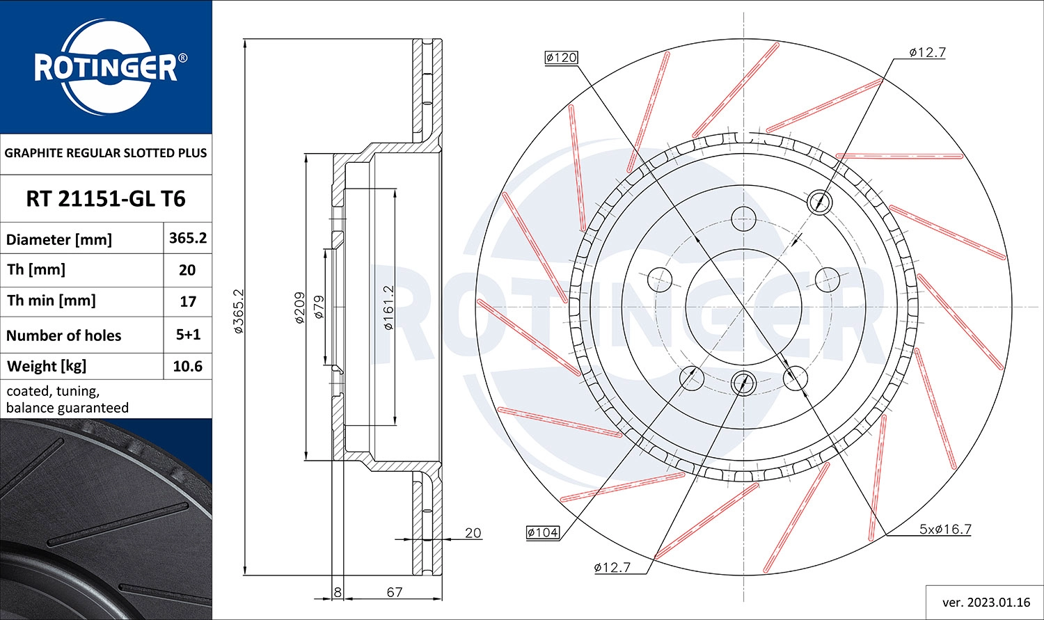 Disque de frein ROTINGER RT 21151-GL T6