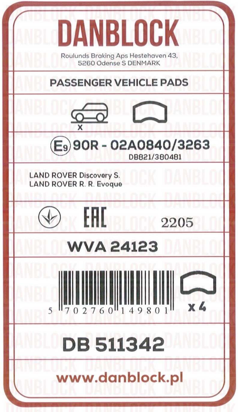 Kit de plaquettes de frein, frein à disque DANBLOCK DB 511342