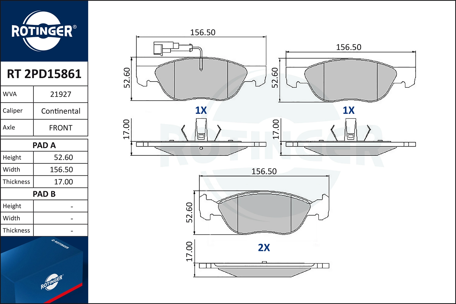 Kit de plaquettes de frein, frein à disque ROTINGER RT 2PD15861