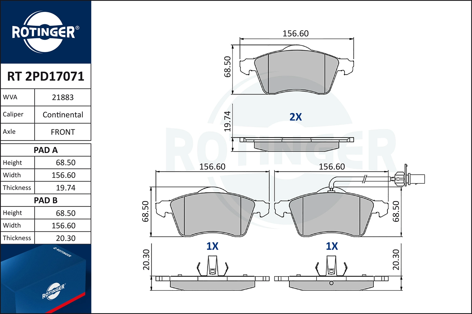 Kit de plaquettes de frein, frein à disque ROTINGER RT 2PD17071