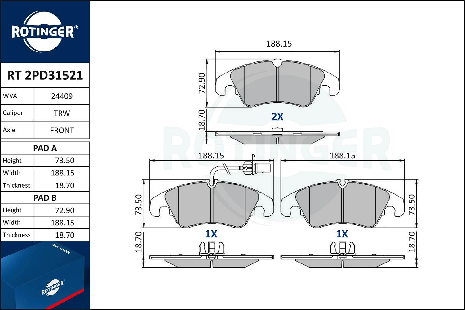 Kit de plaquettes de frein, frein à disque ROTINGER RT 2PD31521