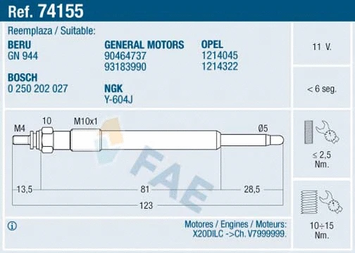 Bougie de préchauffage FAE 74155