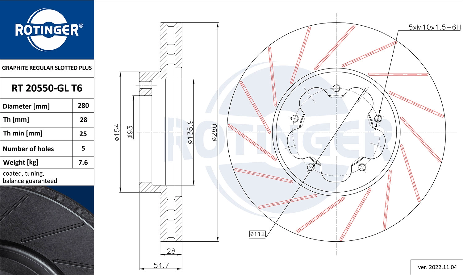 Disque de frein ROTINGER RT 20550-GL T6