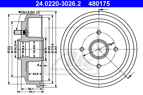 Tambour de frein ATE-APAC 24.0220-3026.2