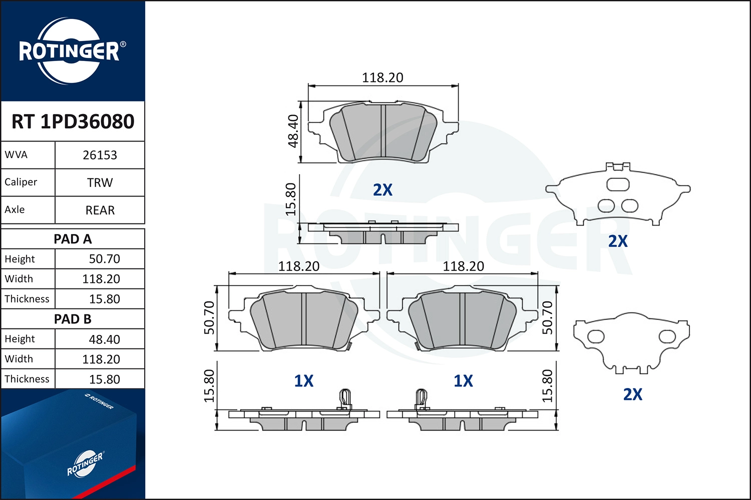 Kit de plaquettes de frein, frein à disque ROTINGER RT 1PD36080