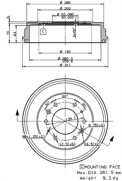 Tambour de frein VILLAR 627.0282