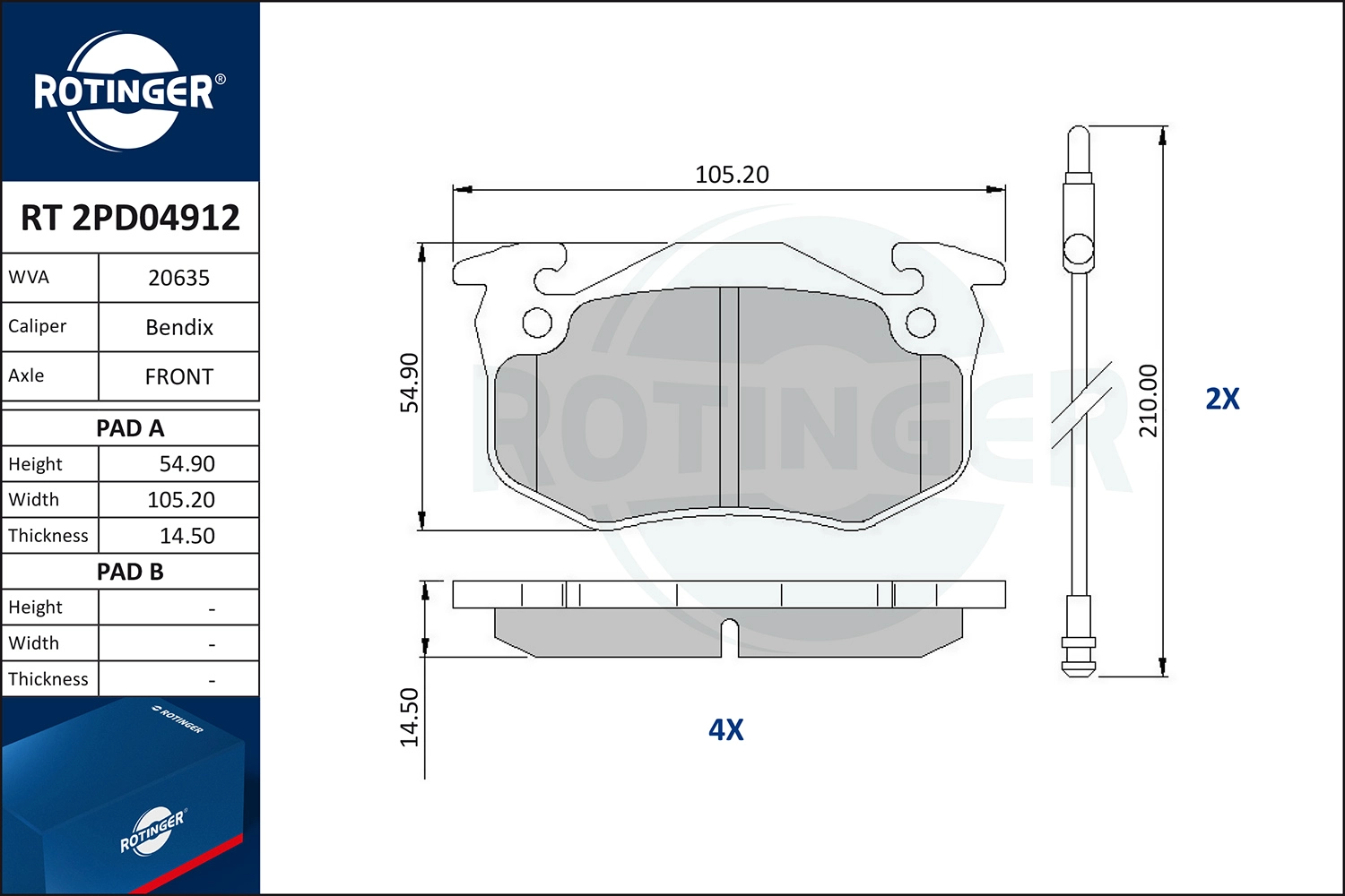 Kit de plaquettes de frein, frein à disque ROTINGER RT 2PD04912