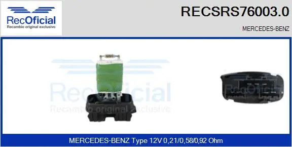 Résistance, pulseur d'air habitacle RECOFICIAL RECSRS76003.0