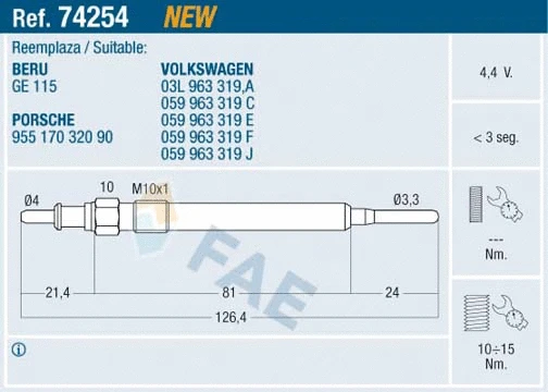 Bougie de préchauffage FAE 74254
