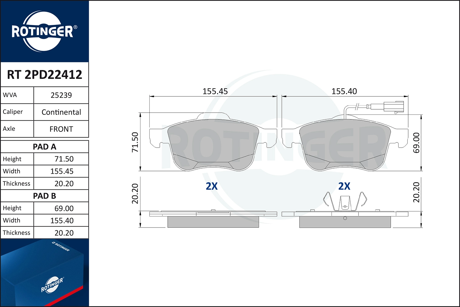 Kit de plaquettes de frein, frein à disque ROTINGER RT 2PD22412