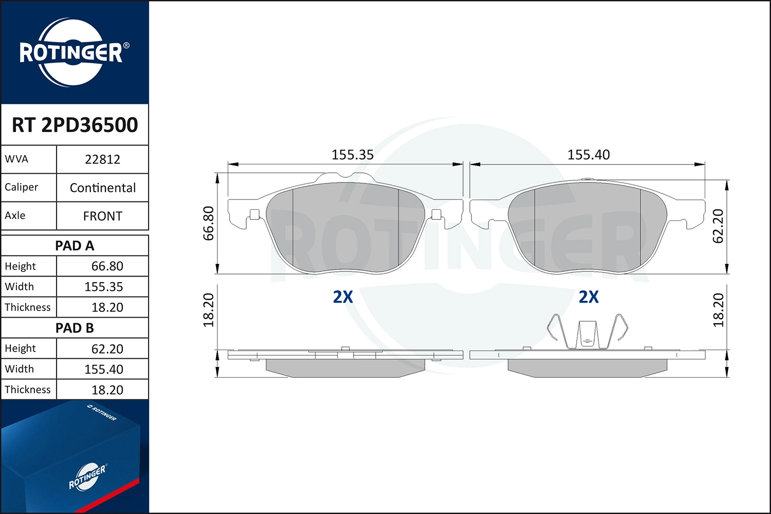 Kit de plaquettes de frein, frein à disque ROTINGER RT 2PD36500