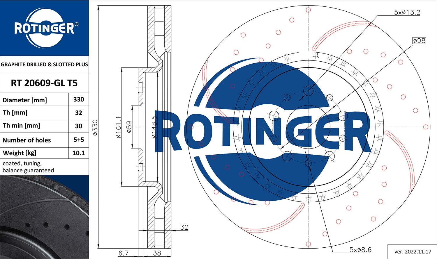 Disque de frein ROTINGER RT 20609-GL T5