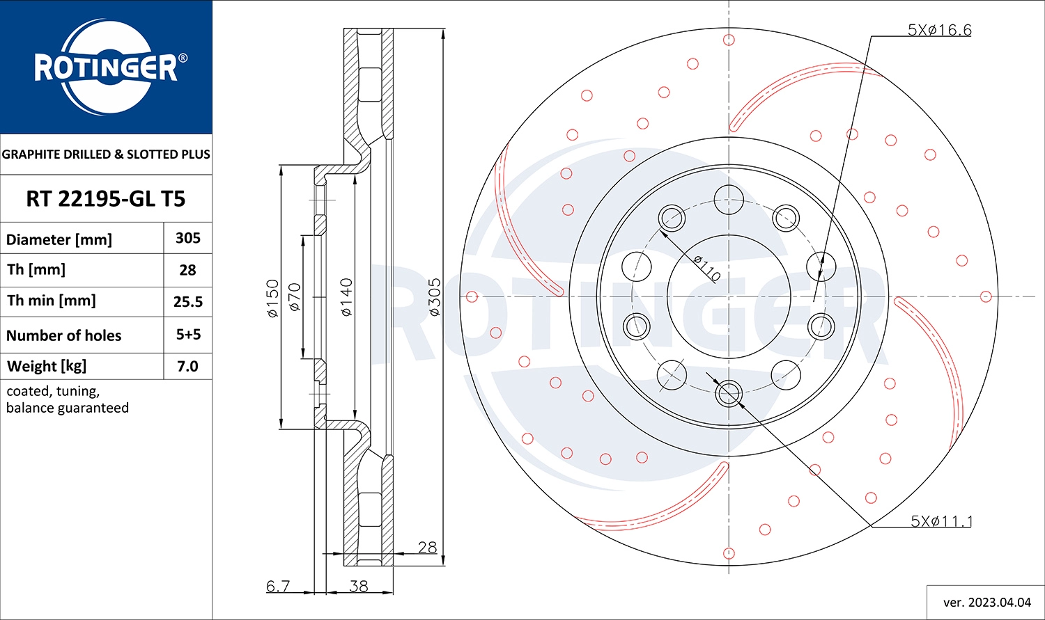 Disque de frein ROTINGER RT 22195-GL T5
