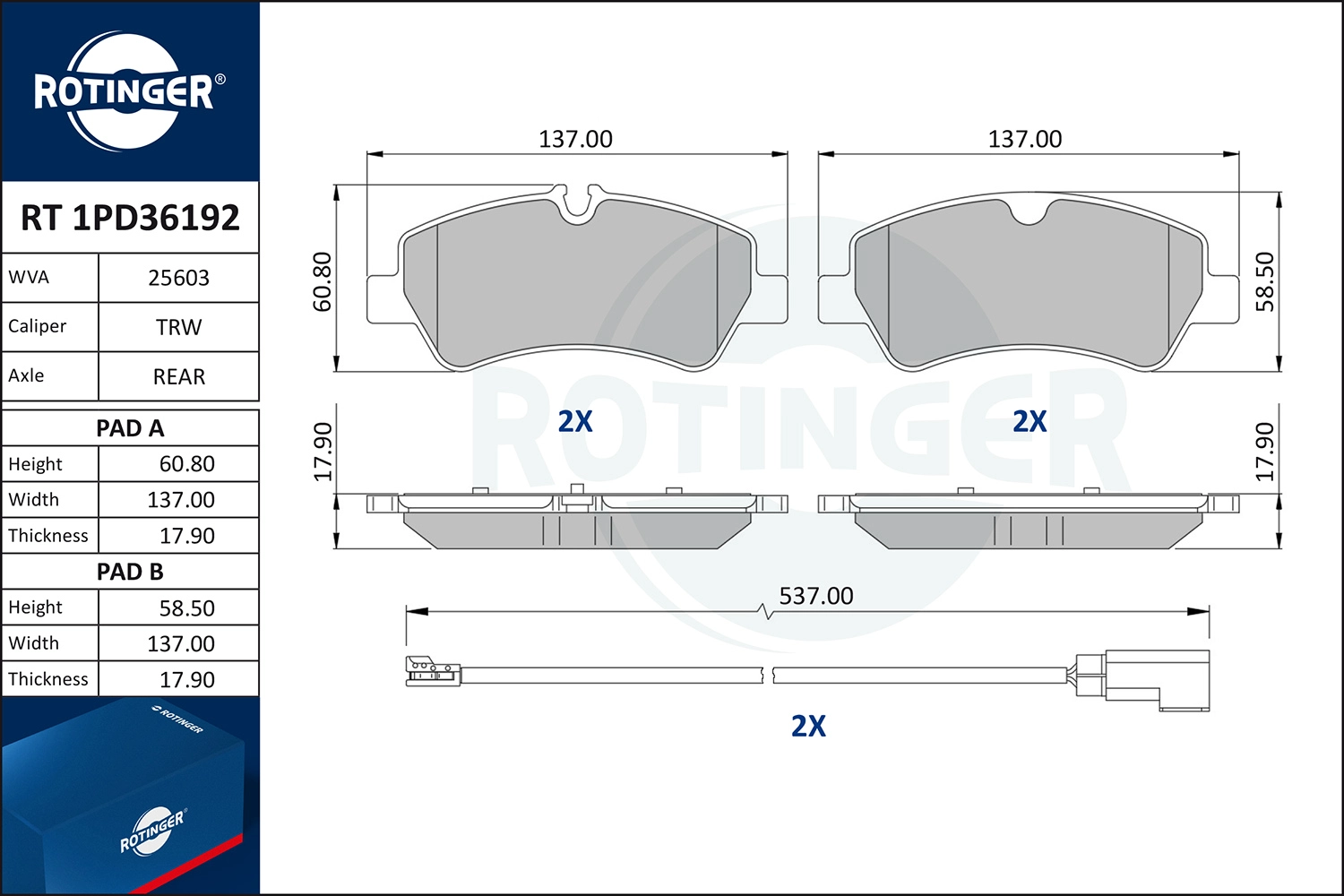 Kit de plaquettes de frein, frein à disque ROTINGER RT 1PD36192