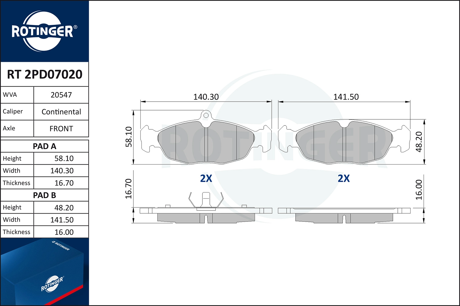 Kit de plaquettes de frein, frein à disque ROTINGER RT 2PD07020