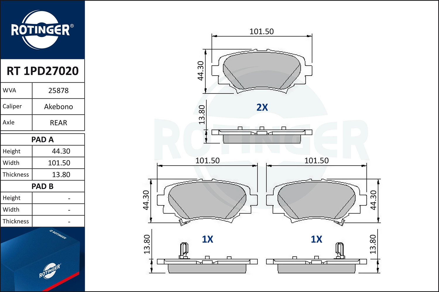 Kit de plaquettes de frein, frein à disque ROTINGER RT 1PD27020