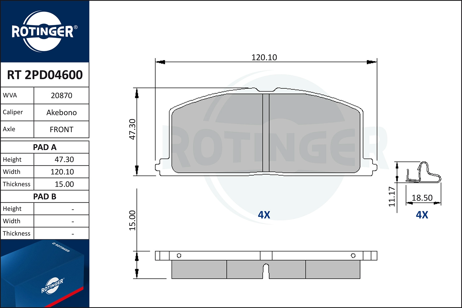 Kit de plaquettes de frein, frein à disque ROTINGER RT 2PD04600