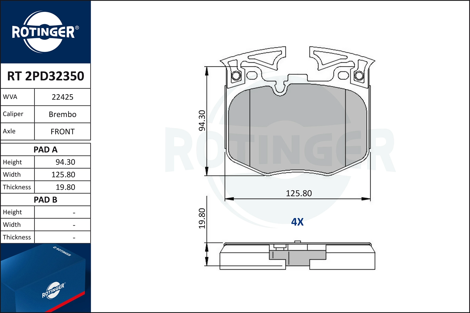 Kit de plaquettes de frein, frein à disque ROTINGER RT 2PD32350