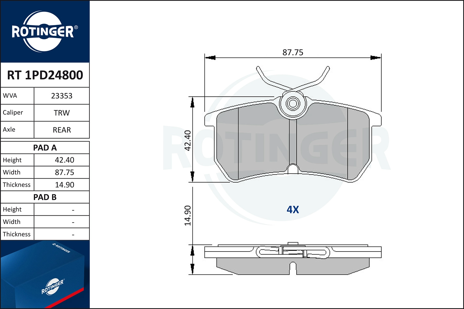 Kit de plaquettes de frein, frein à disque ROTINGER RT 1PD24800