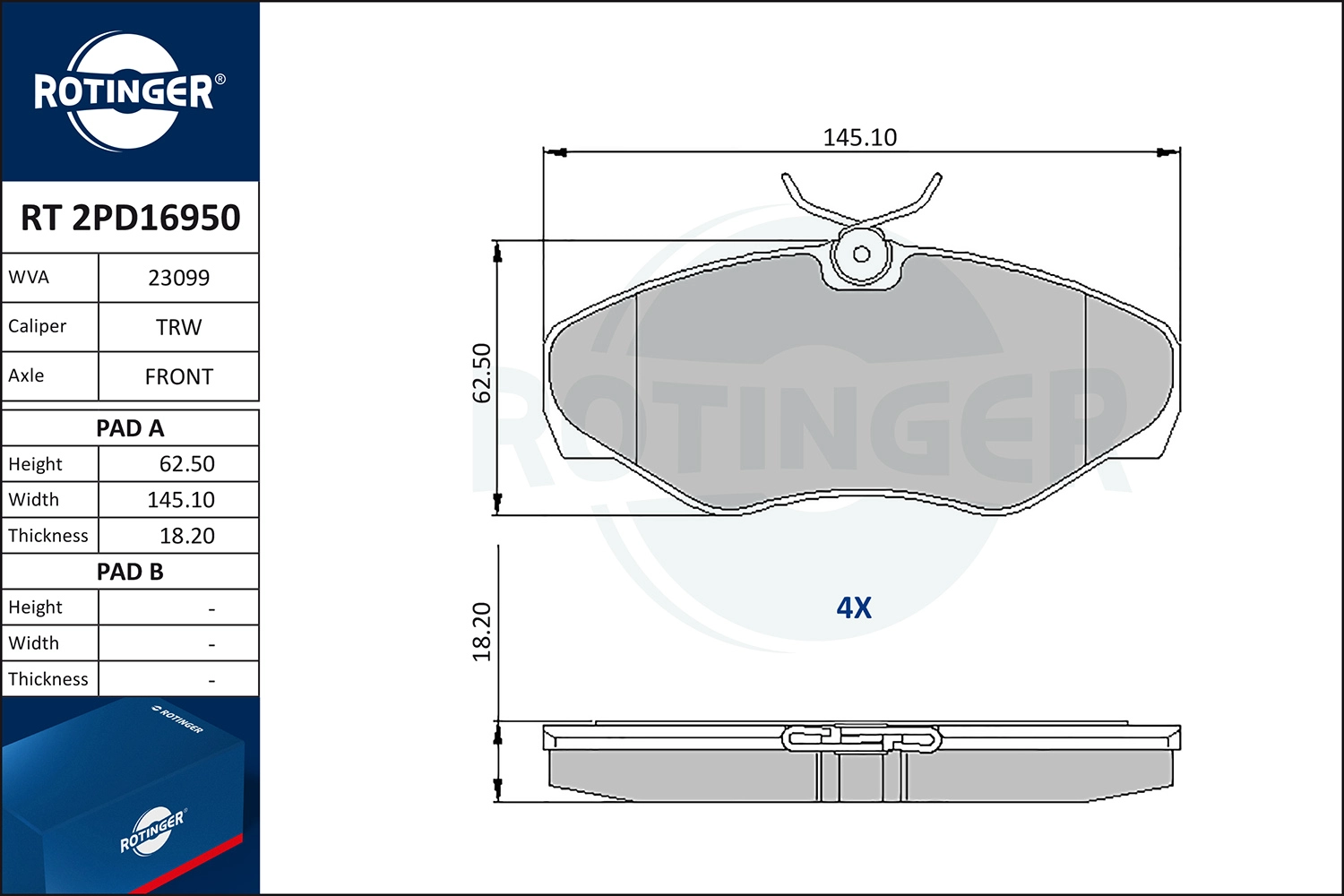 Kit de plaquettes de frein, frein à disque ROTINGER RT 2PD16950